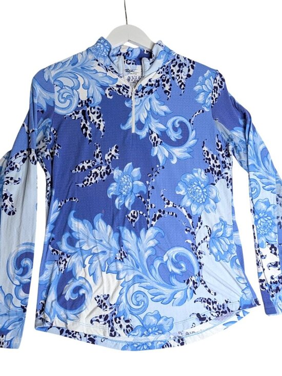 Gottex Tops - Gottex Venetian Scroll Blue & White 1/4 Zip Tennis, Pickleball, Golf Womens Top